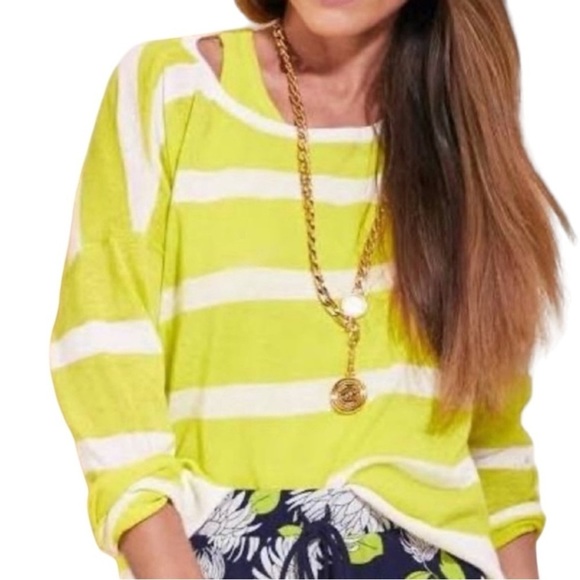 Cabi Sweater Pullover Light Weight Happy Hour Neon summer Stripe Yellow 5958 - Picture 5 of 5